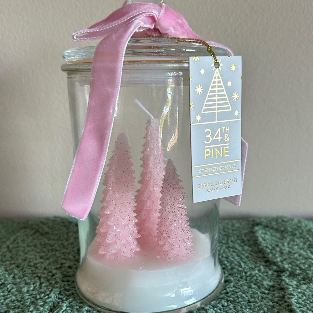 34th& Pine Pink Christmas Holiday Tree Candle Sparkling Frost Glass Jar NEW!